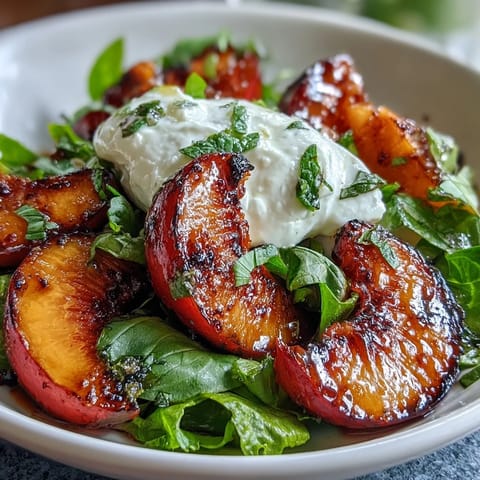 Bright Grilled Peach and Burrata Salad, perfect summer side with fresh basil.