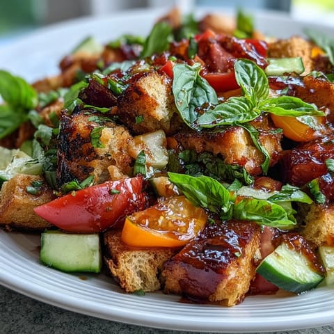 Vibrant Summer Panzanella with grilled bread and juicy tomatoes, bursting with fresh flavor.