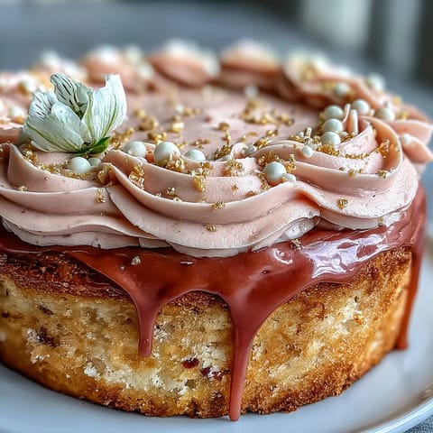 Bridal Shower Rosé Velvet Cake: elegant blush crumb, creamy frosting, shimmering gold drip.