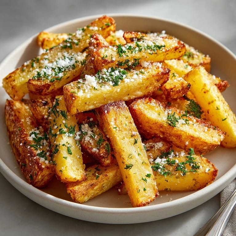 A bowl overflowing with air-fried Pickle Parmesan Fries, smelling of dill, garlic, and Parmesan: delicious!