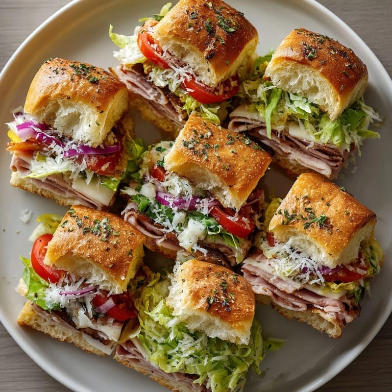 Freshly-baked Classic Grinder Salad Sandwich Sliders: savory meats meet creamy cheese and a zesty salad.