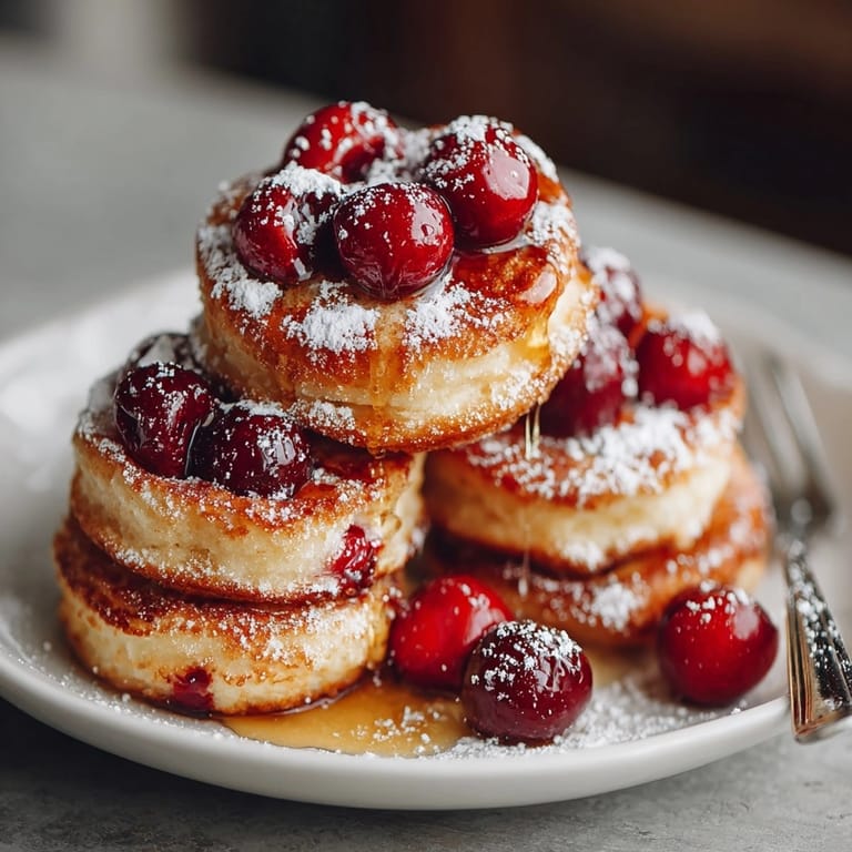 Warm Cherry Ricotta Pancake Fritters fresh from the skillet, looking crisp outside and tender within.