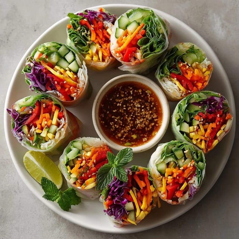 See the beautifully prepared Thai Sweet Chili Veggie Spring Rolls, a light and refreshing vegetarian recipe.