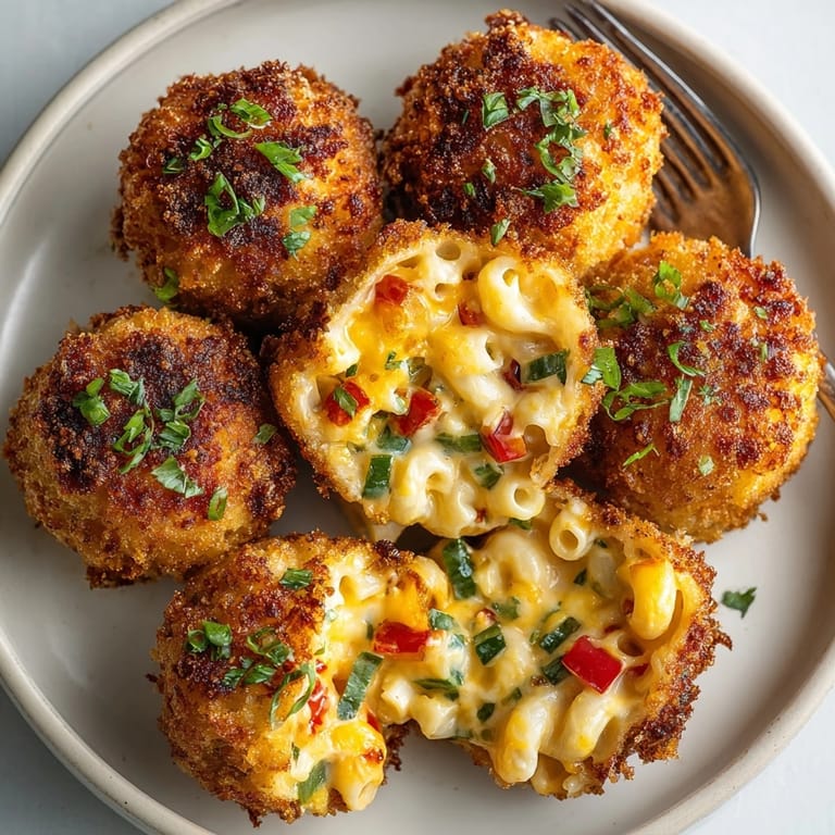 A platter of hot, tempting Texas Queso Fried Mac & Cheese Balls promises cheesy, spicy flavors.
