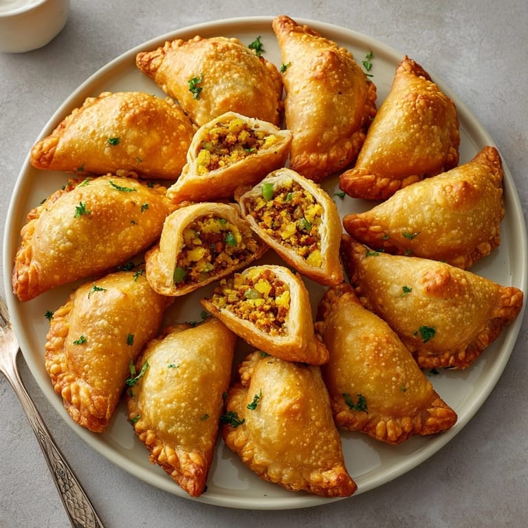 Close-up shot shows the flaky, perfectly fried texture of these delicious Crispy Curry Potato Samosa Bites.
