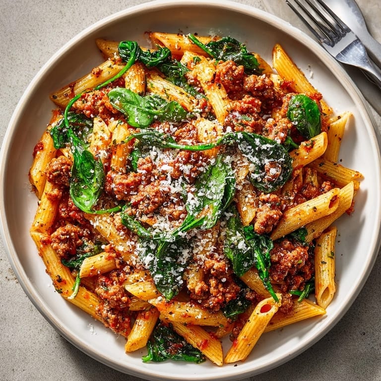 This creamy Italian Sausage Pasta features perfectly cooked penne, a vibrant red sauce, and fresh herbs for garnish.