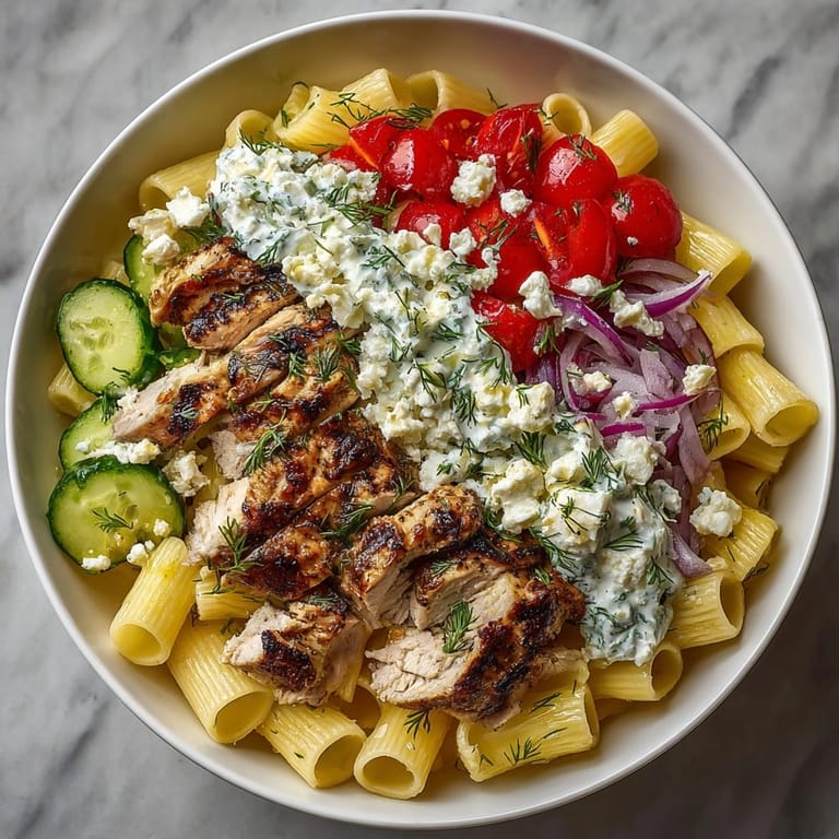 Savory Gyro Pasta Bowl, ready for quick meal; filled with fresh veggies and a light, airy tzatziki foam.