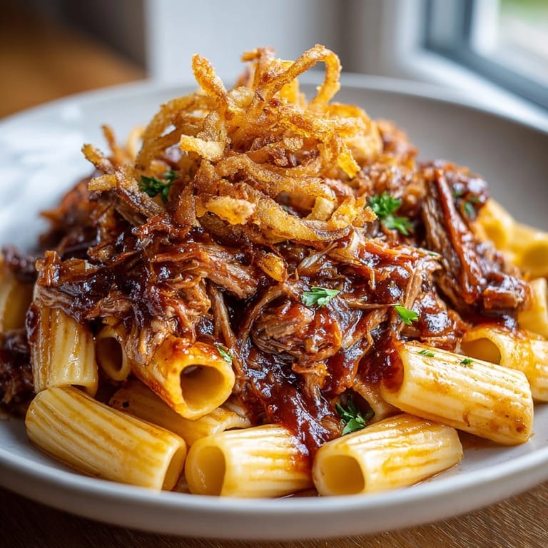 Warm, saucy BBQ Pulled Pork Pasta dish, topped with crunchy golden onion strings in a bowl.
