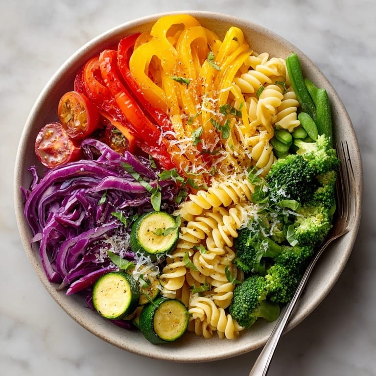 Vibrant Rainbow Veggie Pasta with perfectly arranged vegetables, ready for a delicious, healthy meal.
