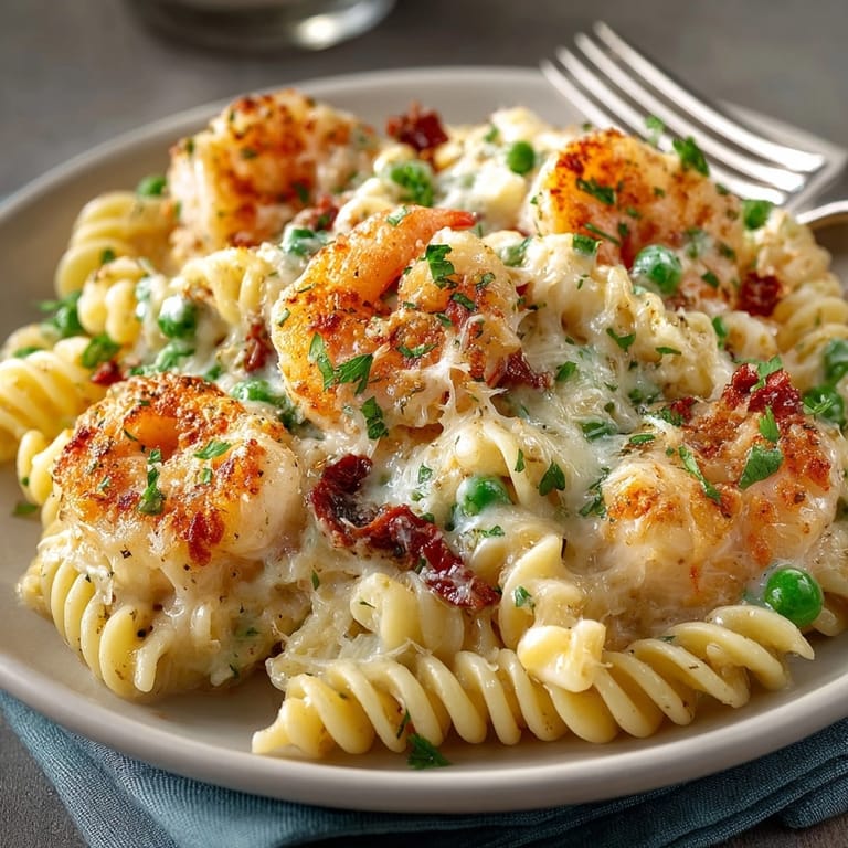 Hearty Shrimp Alfredo Casserole featuring tender pasta, succulent shrimp, and fresh parsley garnish.
