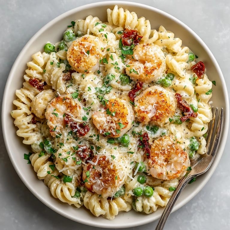 Closeup of Shrimp Alfredo Casserole served hot for an easy weeknight Italian-American dinner.