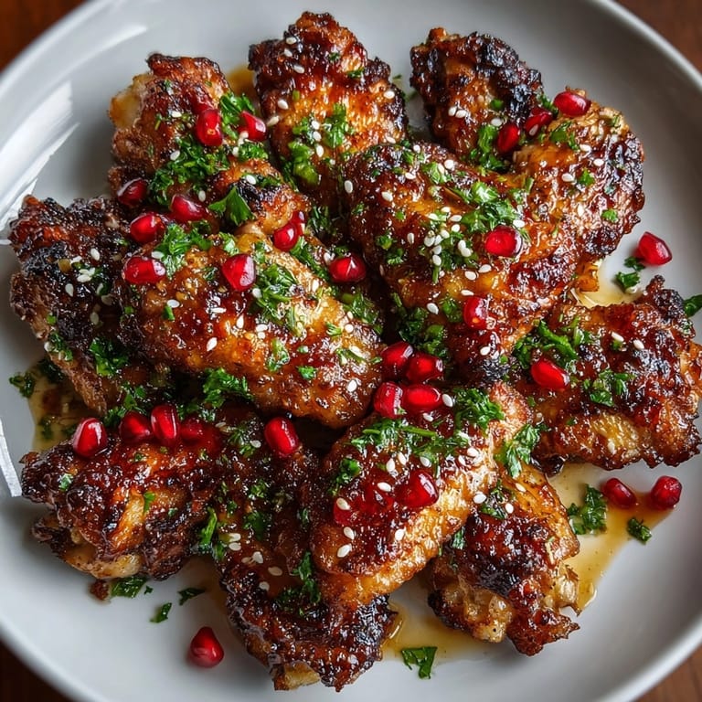 Crispy baked pomegranate glazed chicken wings served hot, sprinkled with pomegranate seeds and chopped cilantro.