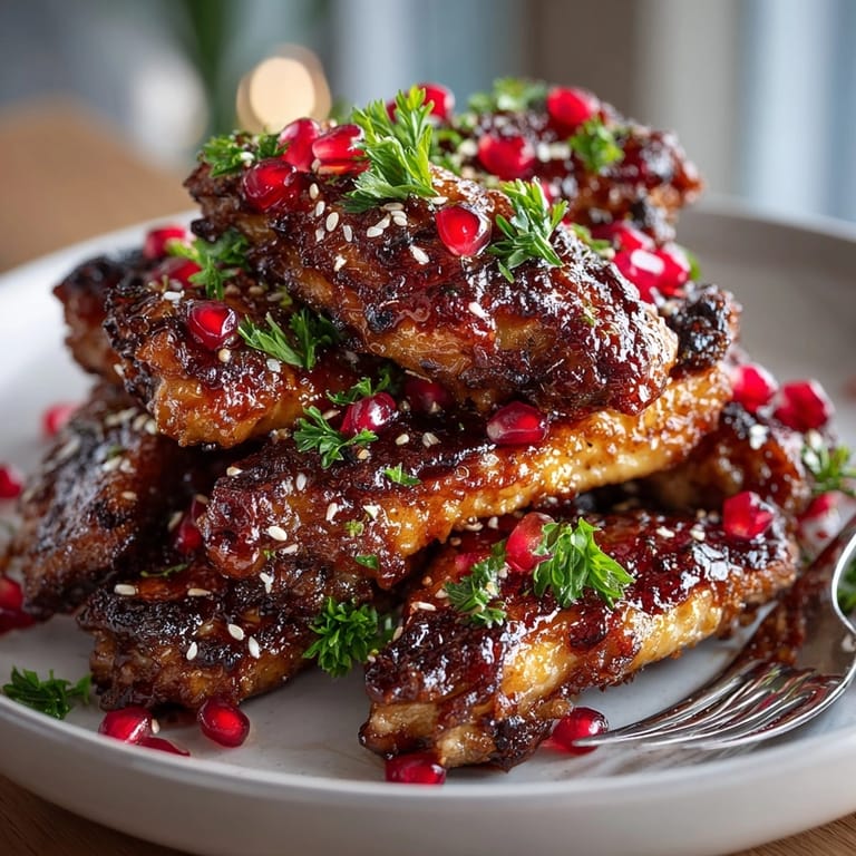 Juicy pomegranate glazed chicken wings ready for parties, coated in molasses glaze and toasted sesame seeds.