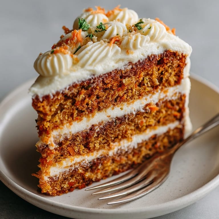 Moist healthy carrot cake made without flour, topped with creamy honey vanilla frosting.