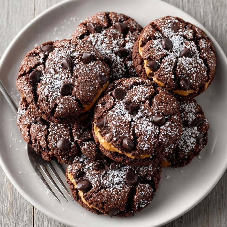 Stack of chocolate peanut butter filled cookies served with cold milk, rich and chewy texture.