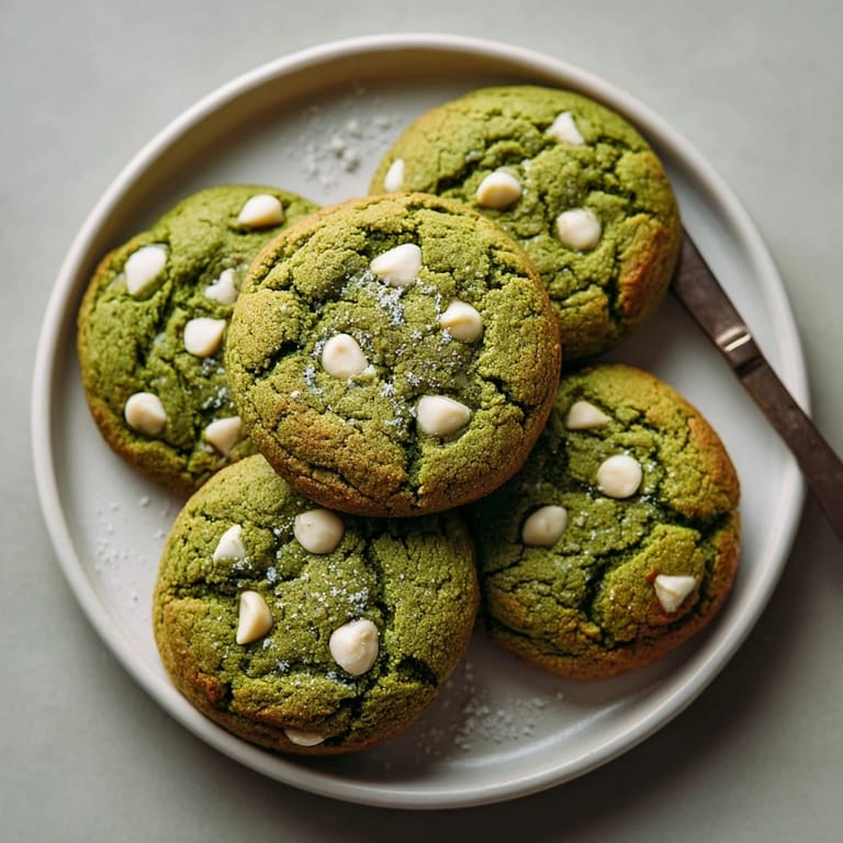 Plateful of Matcha Chocolate Chip Cookies served with milk, highlighting their chewy texture and unique flavor