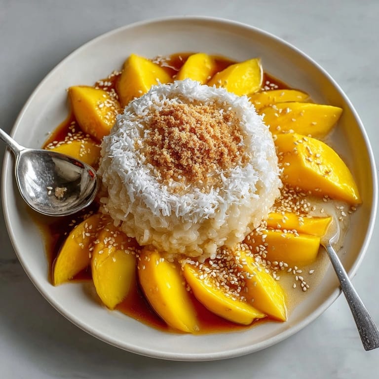 Enjoy warm Mango Sticky Rice Pudding: a sweet Thai dessert with juicy mango.