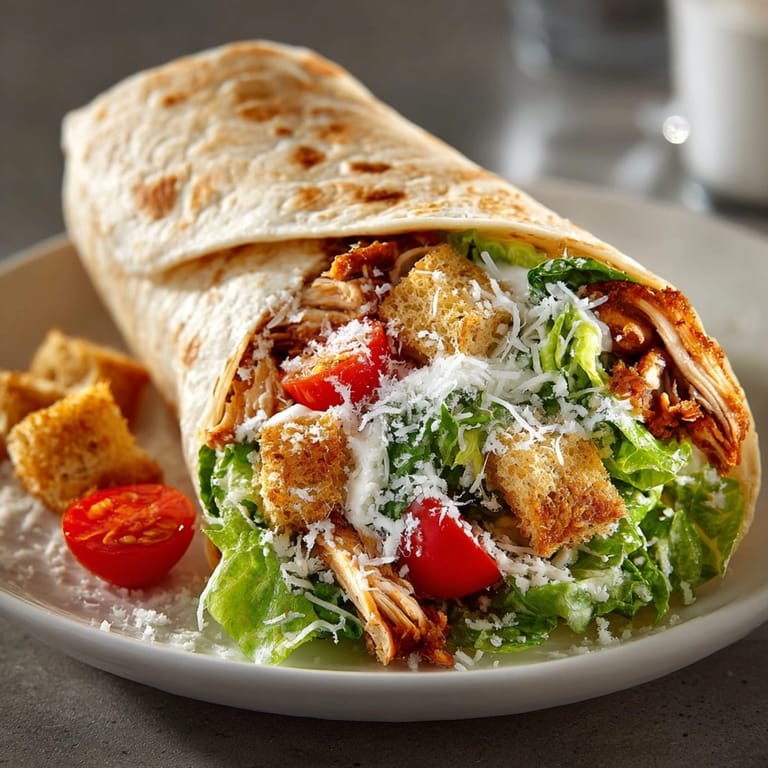 Warm, savory Cajun Chicken Caesar Salad Wraps, golden parmesan, and crisp romaine lettuce.