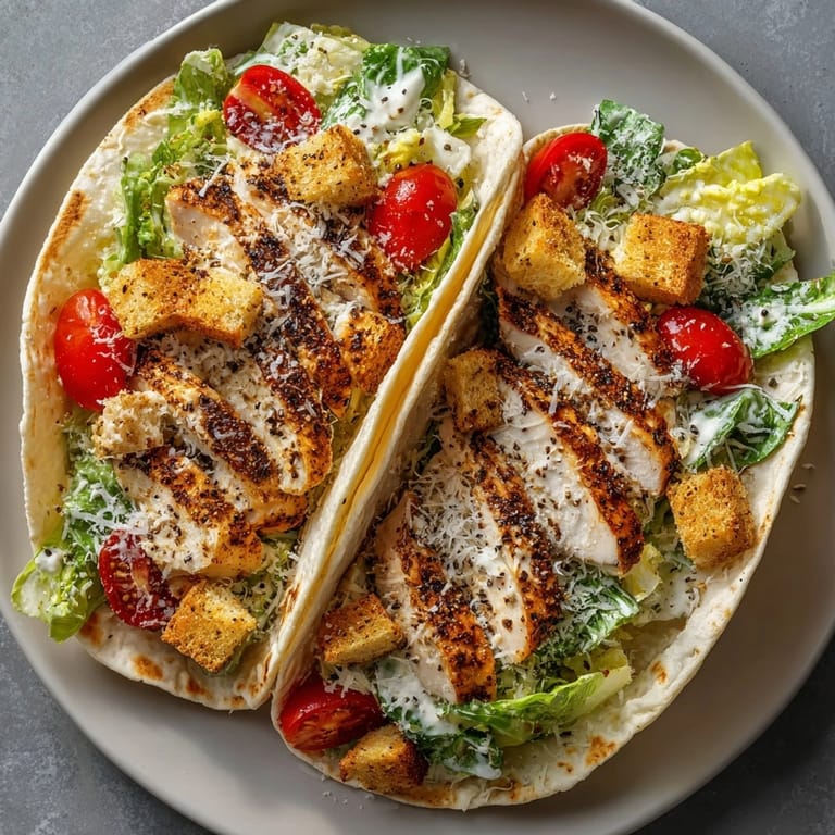 Making delicious Cajun Chicken Caesar Salad Wraps: Chicken sizzles for a spicy tortilla wrap.