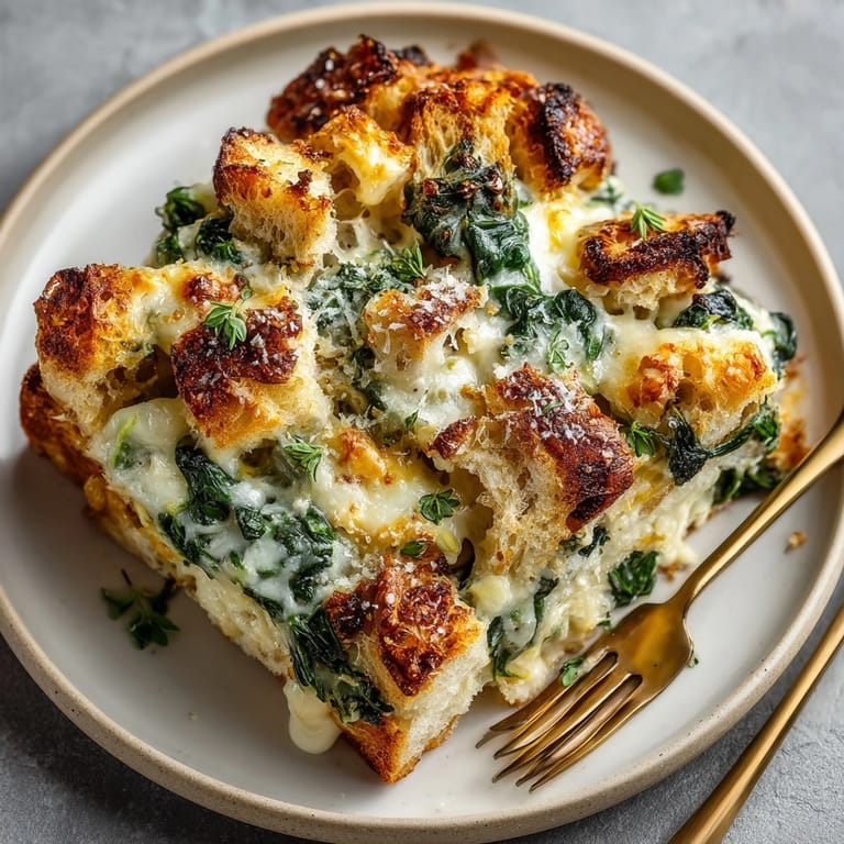 Slices of savory Alfredo Spinach Breakfast Casserole with wilted greens, steaming and cheesy.