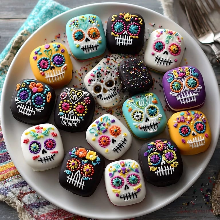 Festive, decorated Sugar Skull Oreos: imagine biting into creamy filling with crunchy chocolate cookie.