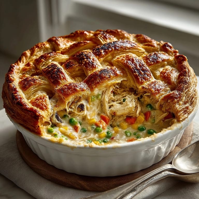 A creative Mummy Chicken Pot Pie: flaky pastry "bandages" cover a creamy, rich filling.