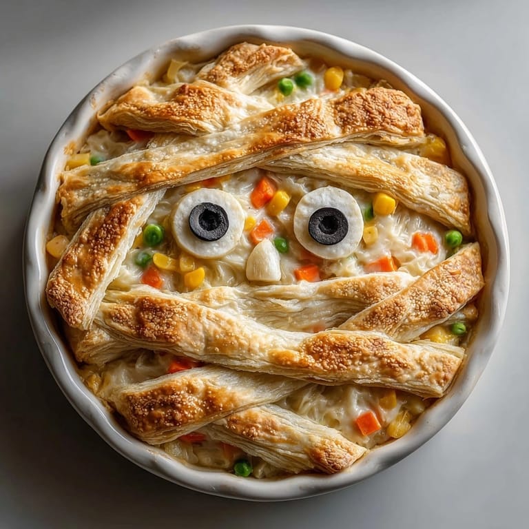Homemade Mummy Chicken Pot Pie, savory chicken and veggies peeking under flaky crust.