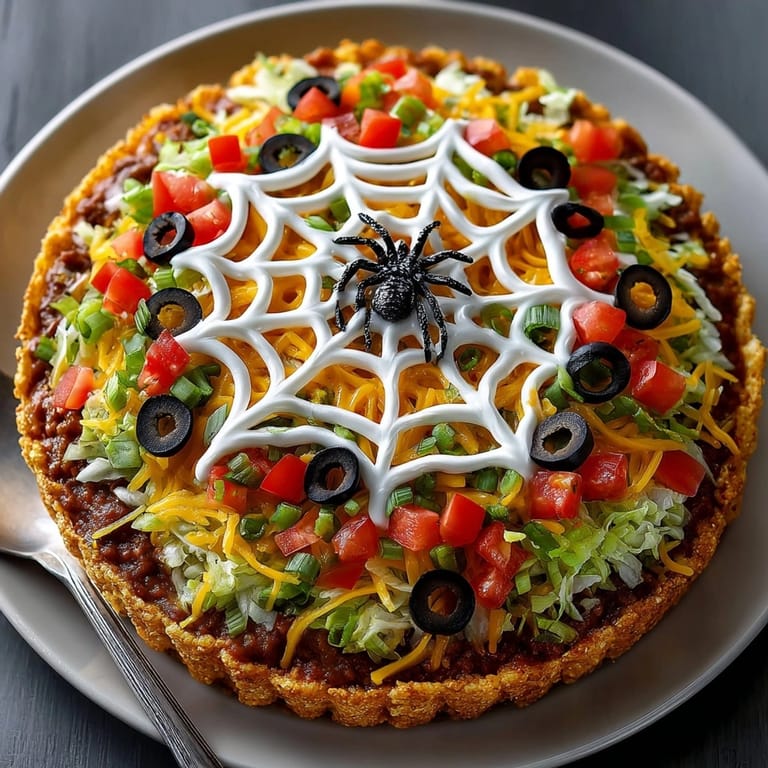 Scooping creamy and chilled Spiderweb 7-Layer Taco Dip onto salty tortilla chips.
