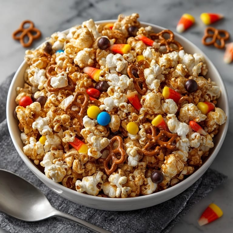 Golden brown Sweet &amp; Salty Halloween Party Popcorn drizzled with sweet glaze and festive candies.