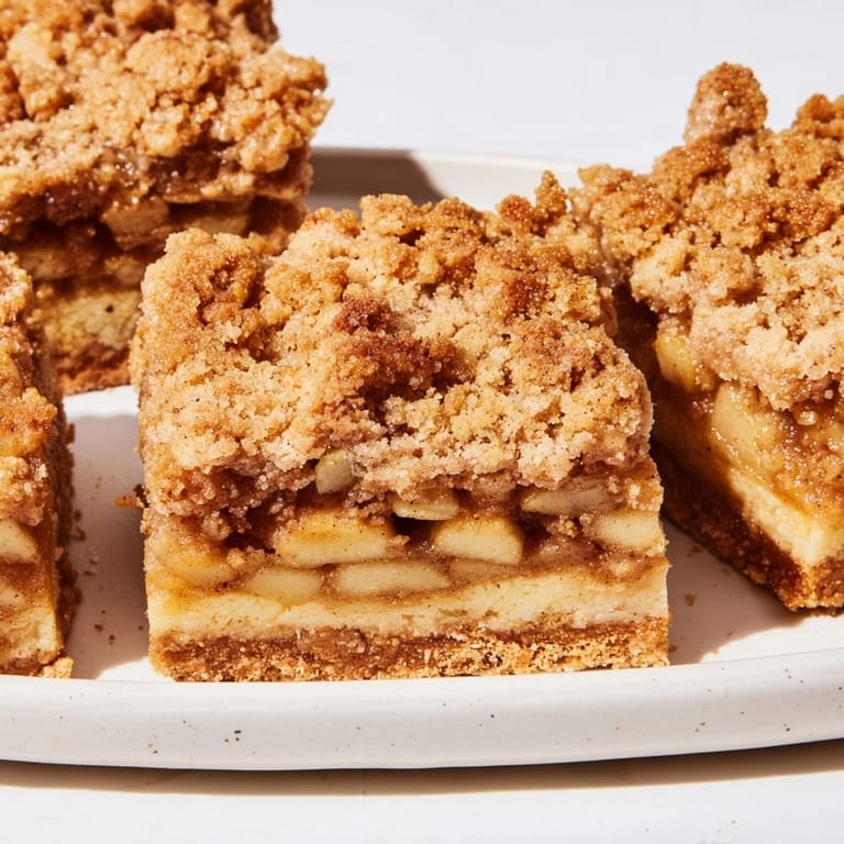 Close-up of a single Ricotta Cinnamon Apple Pie Bar cut into squares, ready to serve.