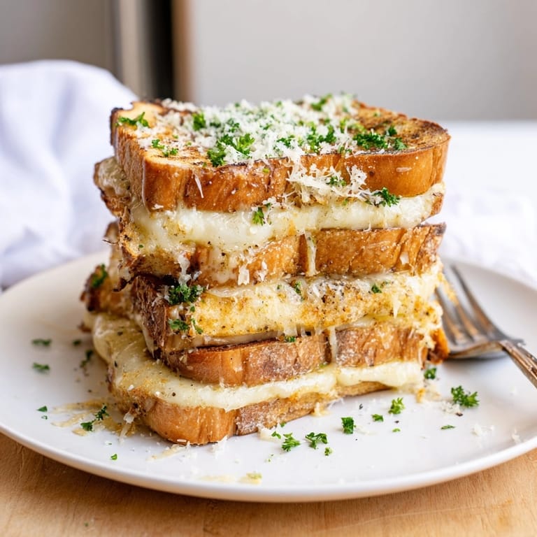 Melty mozzarella and cheddar oozing from layered Cheesy Garlic French Toast Stacks, savory perfection.
