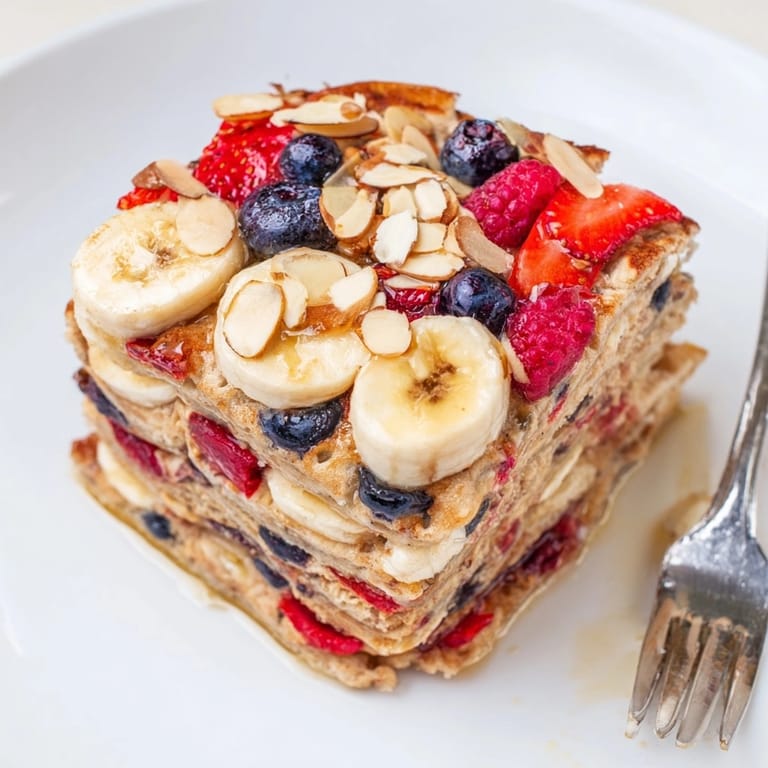 Warm, sweet Protein Berry Banana Pancake Bake with berries bursting, a delightful breakfast.