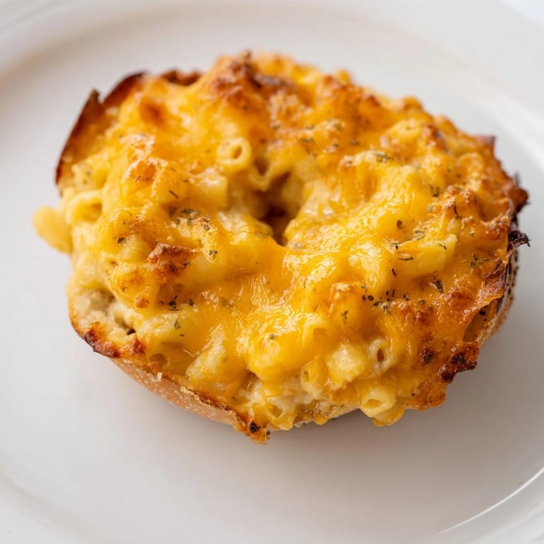 Baked Mac and Cheese Cheddar Jalapeño Bagels, sliced in half, show creamy filling.