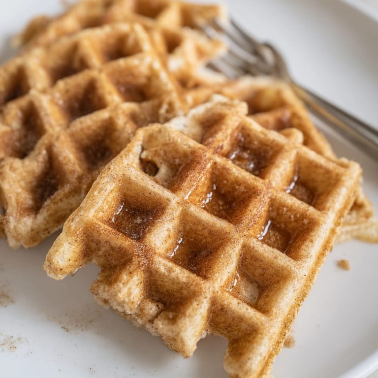Stack of fluffy Cinnamon Vanilla Oat Waffles, steam rising, appealing brunch food photo.