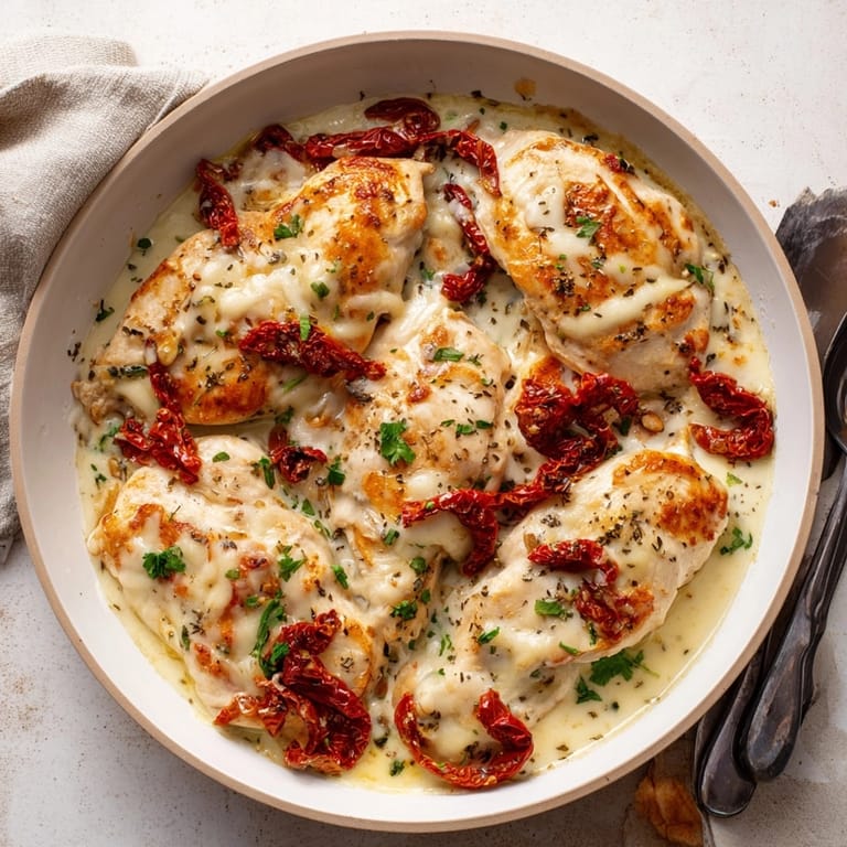 Creamy Alfredo Sundried Tomato Chicken Bake with melted mozzarella, Italian aroma filling the kitchen.