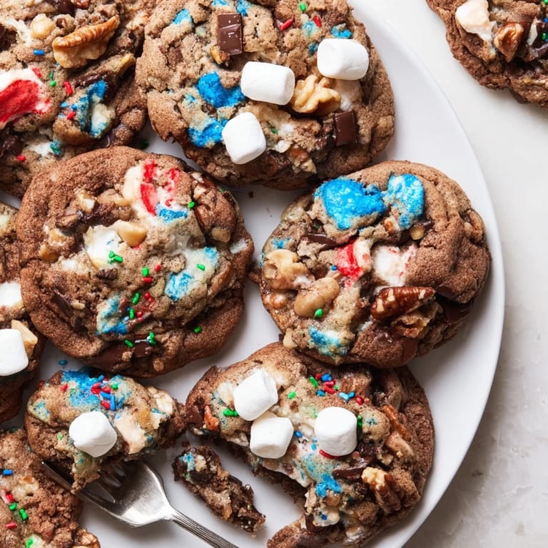 Chewy Loaded Rocky Road cookies with chocolate, nuts, and colorful holiday decorations.