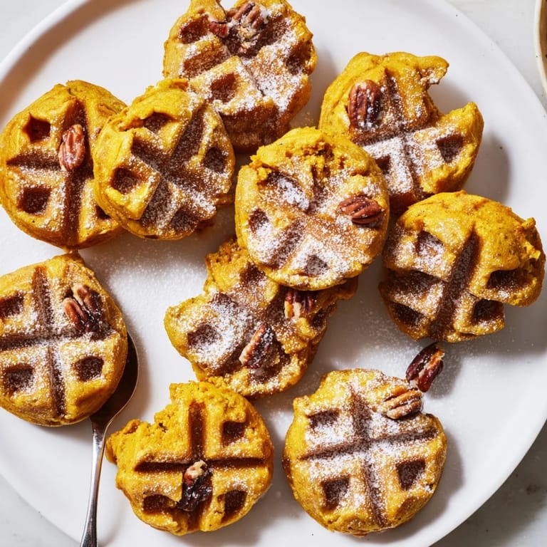 Warm pumpkin waffle batter bites served with maple syrup for an indulgent treat.