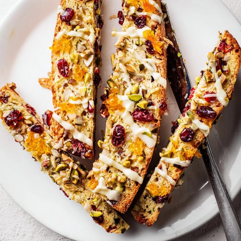 Twice-baked Festive Christmas Biscotti drizzled with white chocolate and served warm.