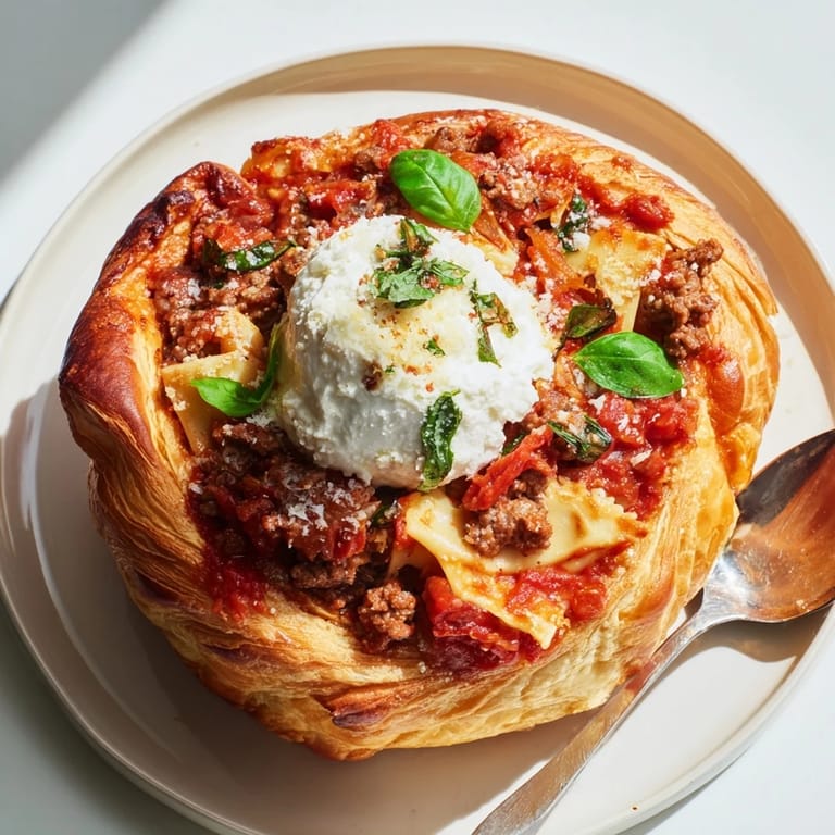 Hearty lasagne soup served in crispy croissant bowls, topped with creamy cheese mixture.