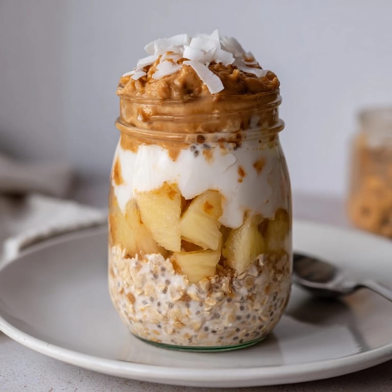 Creamy peanut butter swirl enhances overnight oats with vibrant tropical pineapple chunks.  
