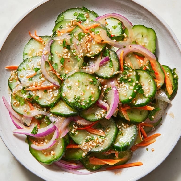 Vibrant cucumber salad remix drizzled with sesame oil and garnished with sesame seeds.  