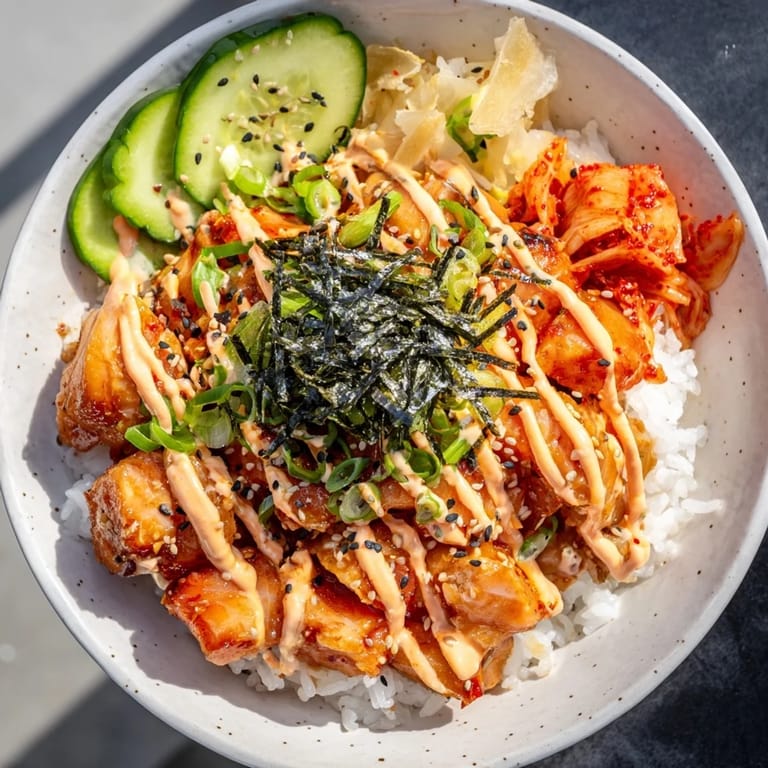 Flavorful crispy salmon rice bowl garnished with crunchy garlic and vibrant scallions.