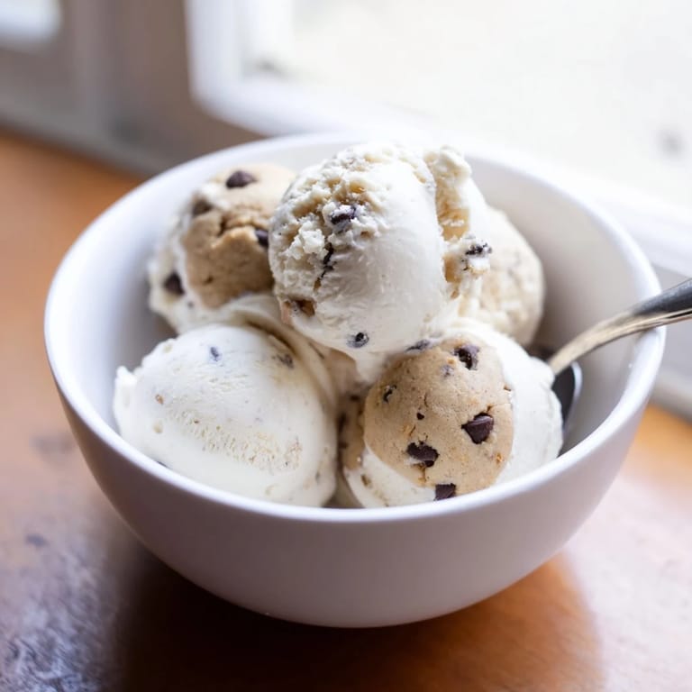 Delicious homemade cottage cheese ice cream swirled with sweet cookie dough bites.  