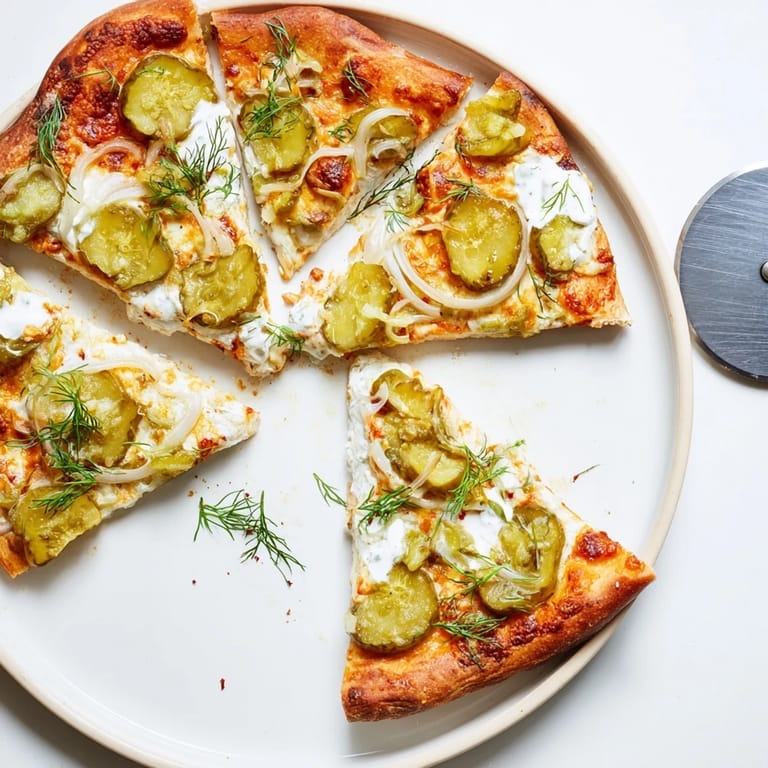 Deliciously unique pickle pizza garnished with fresh dill and vibrant red onions.  