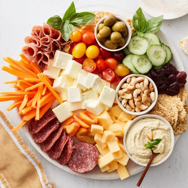 Savor the delicious textures of a playful Girl Dinner Platter filled with snacks and spreads.  