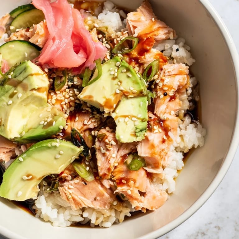 Vibrant leftover salmon and rice bowl garnished with cucumber and sesame seeds.