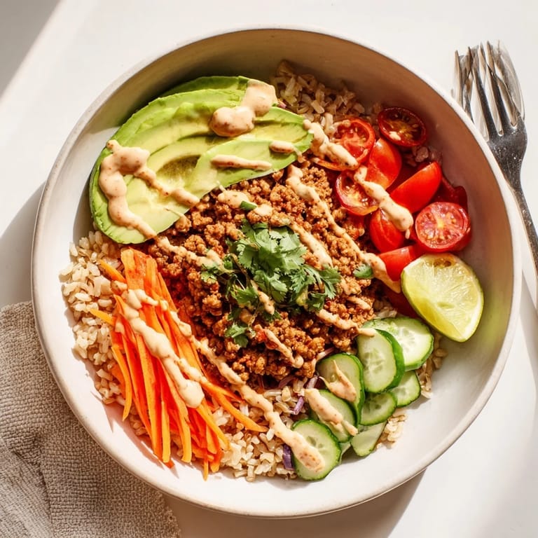 Hearty plant-based meat bowl, filled with quinoa and bright, nutritious toppings.