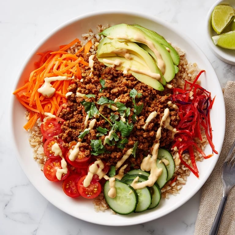 Delicious plant-based meat bowl featuring colorful vegetables and creamy spicy drizzle.  