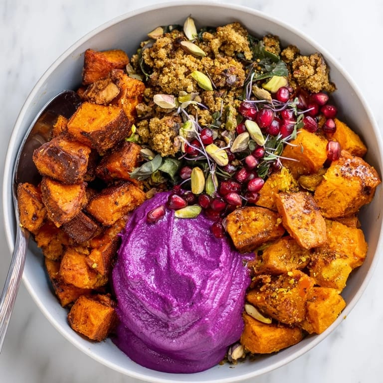Delicious spiced winter bowls brimming with roasted veggies and festive garnishes.