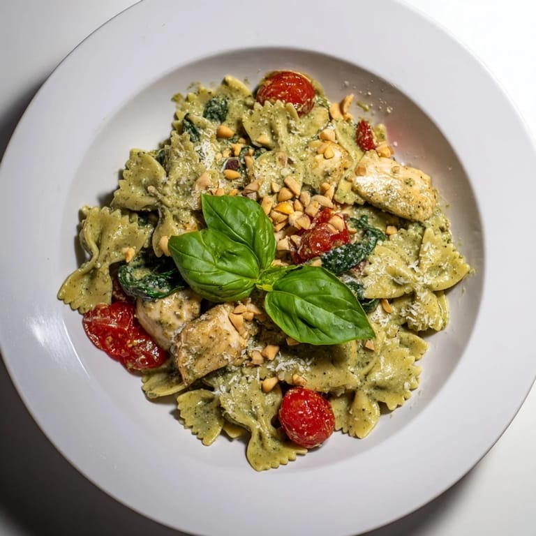 Enjoy a close-up of delicious pesto chicken bowtie pasta, showcasing tender chicken and creamy sauce.
